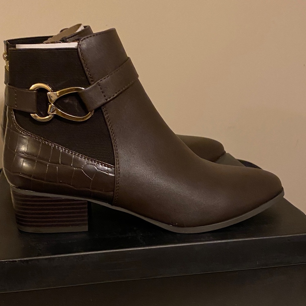 New, Jones New York Brown Ankle Boots with Gold Accent